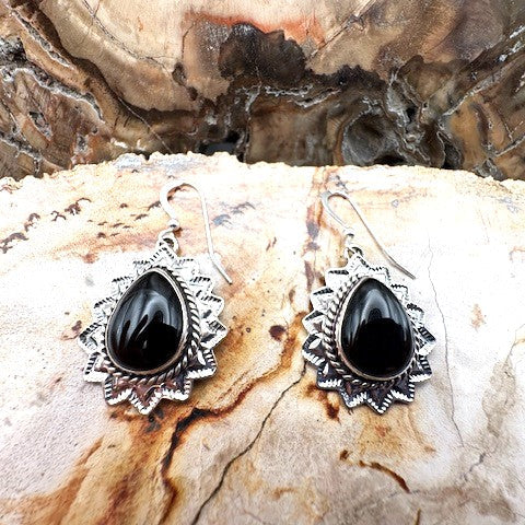 Black Onyx and Stamped Sterling Silver Earrings Authentic Native American Made Dangle Earrings