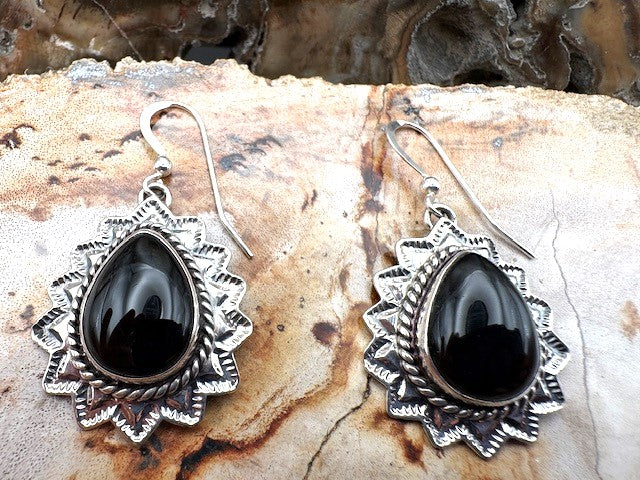 Black Onyx and Stamped Sterling Silver Earrings Authentic Native American Made Dangle Earrings