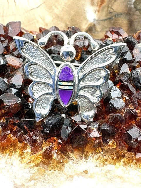 Native American Made Butterfly Pin with Sugilite Inlay and Sterling Silver