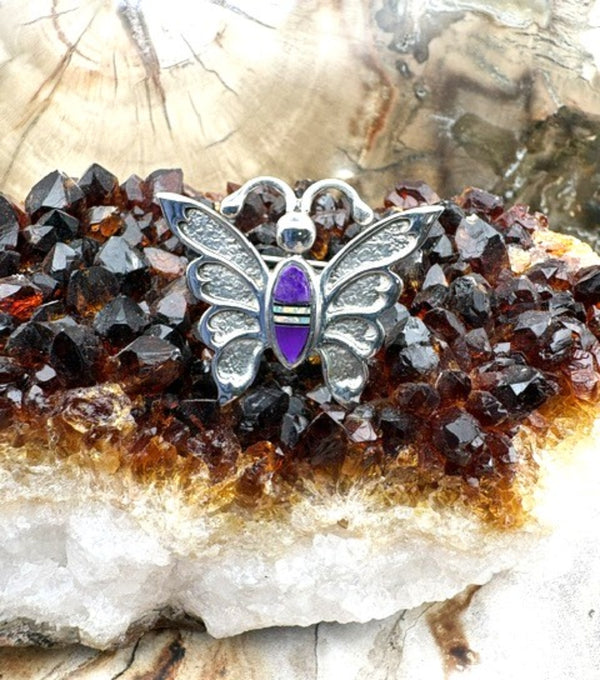 Native American Made Butterfly Pin with Sugilite Inlay and Sterling Silver