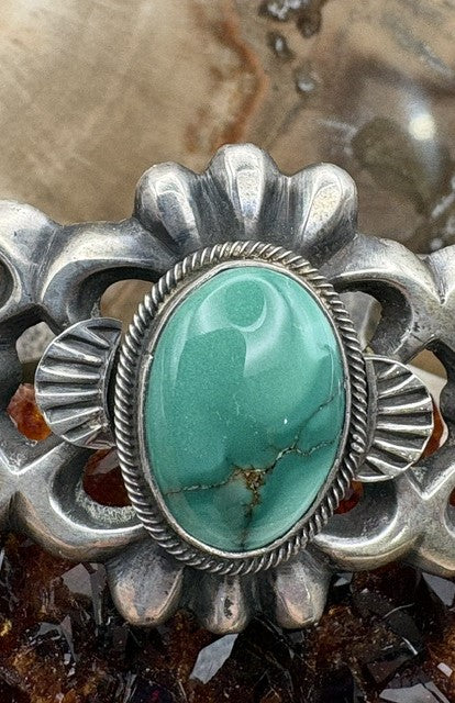 Native American Made Sand Cast Sterling Silver and Turquoise Cuff Bracelet