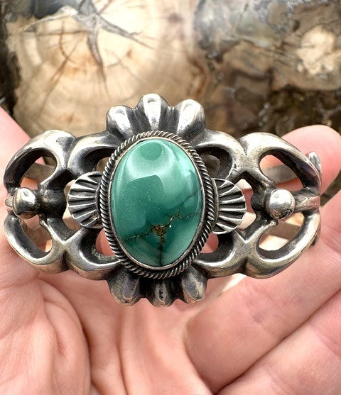 Native American Made Sand Cast Sterling Silver and Turquoise Cuff Bracelet