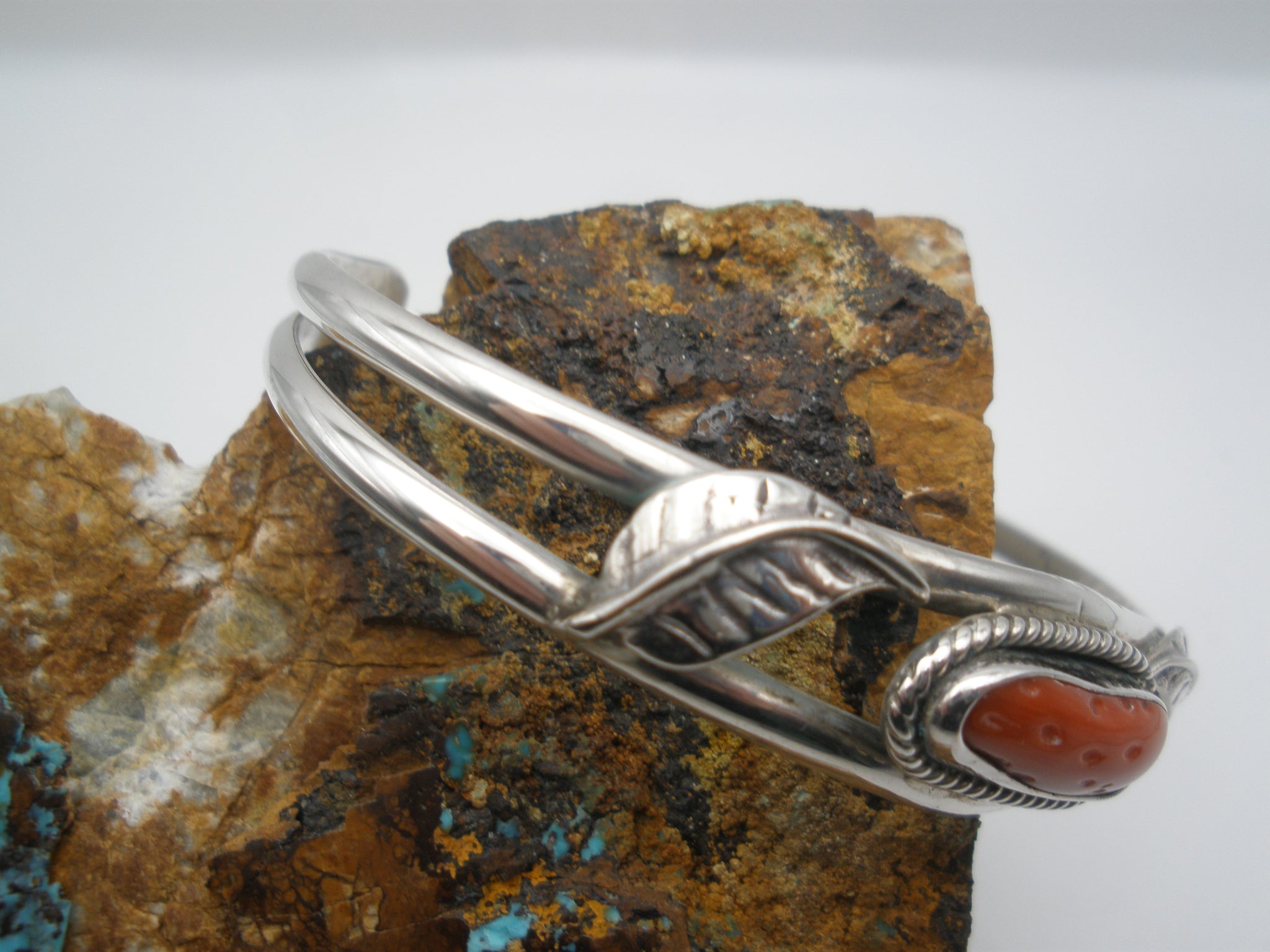 Vintage Coral with Leaves Cuff Bracelet