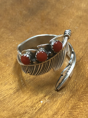 Native American Made Red Coral and Sterling Silver Feather Ring