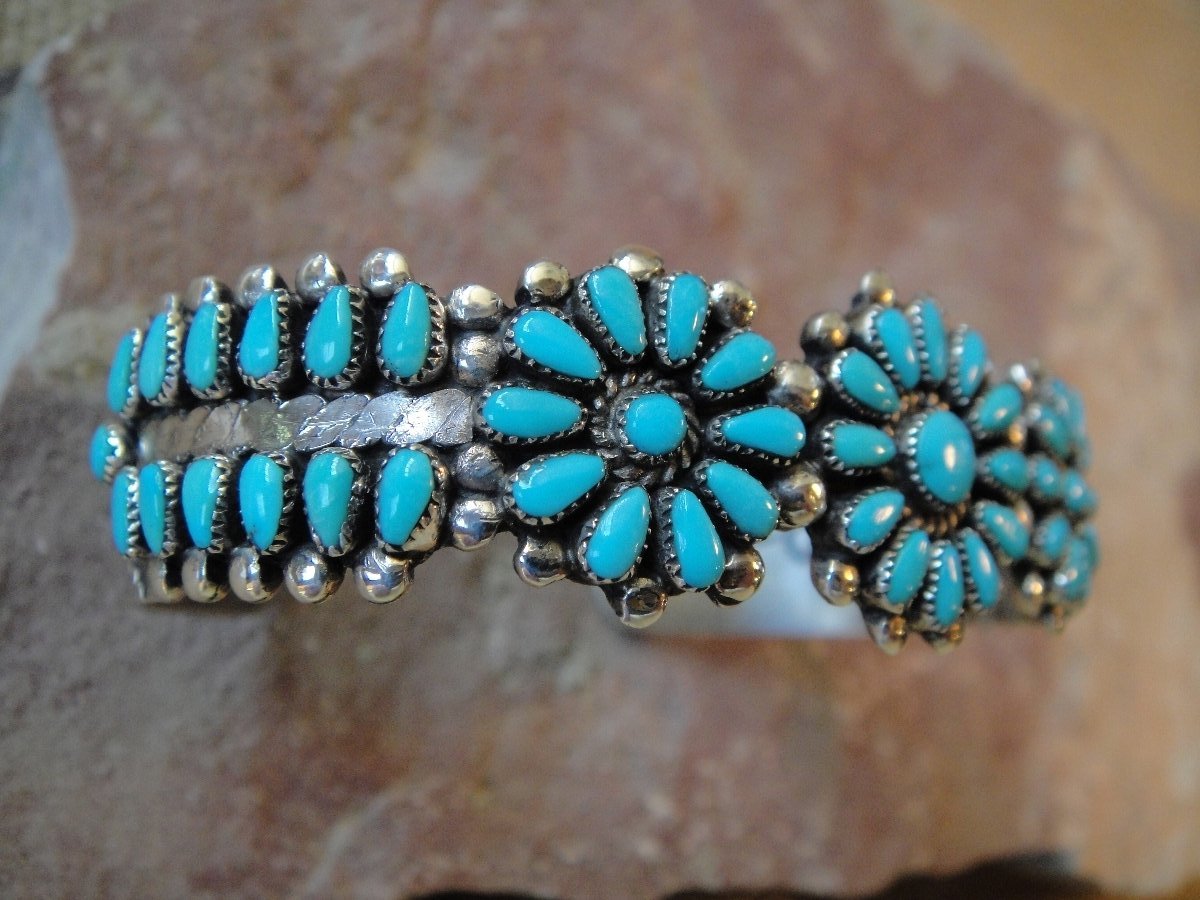 Zuni 925 Argent & Turquoise Petit Manchette 2 Rangée Bracelet Zuni 925 Argent & Turquoise Petit Manchette 2 Rangée Bracelet