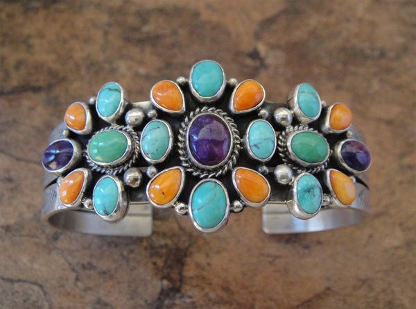 Multi Stone Cluster Sterling Silver Cuff Bracelet