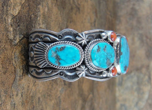 Kingman Turquoise & Red Coral Sterling Silver Cuff Bracelet - Side View