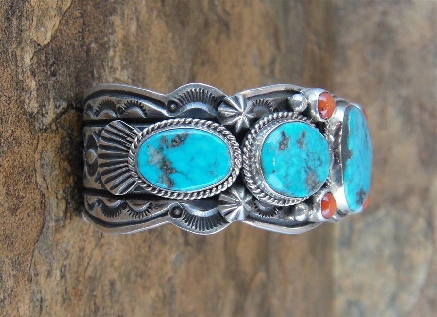 Kingman Turquoise & Red Coral Sterling Silver Cuff Bracelet