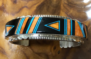 Native American Made Turquoise, Orange Spiny Oyster, and Onyx Inlay and Sterling Silver Cuff Bracelet by Thomas Francisco