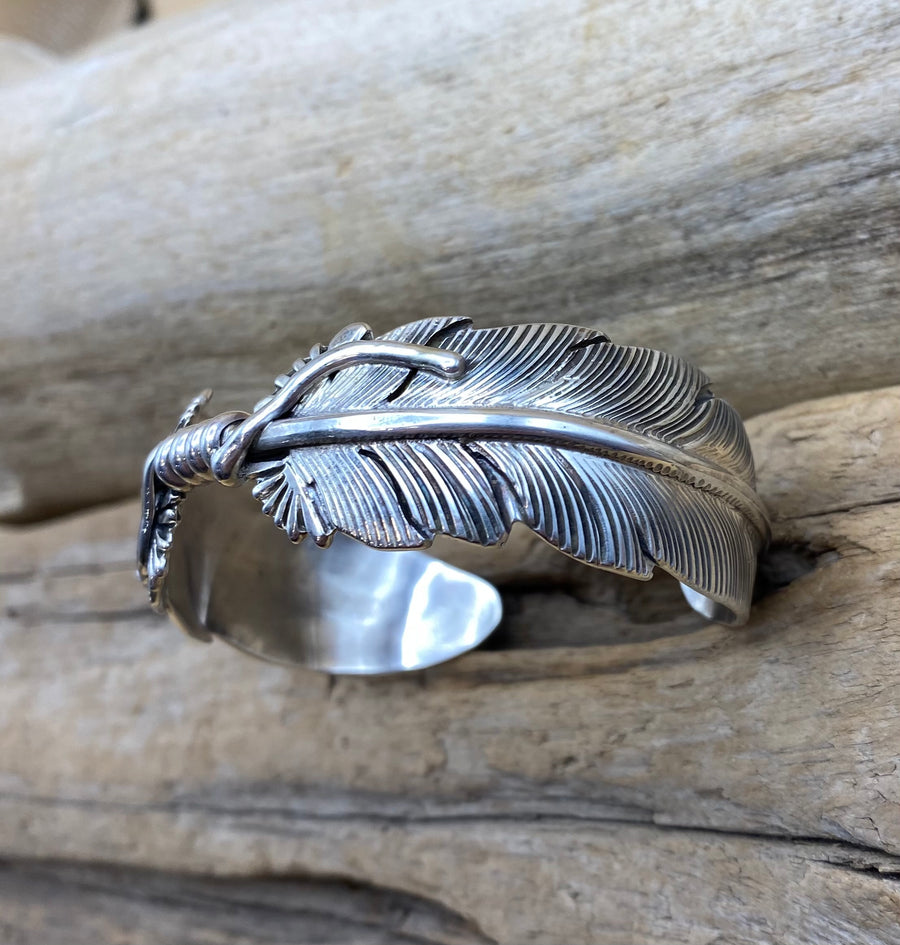 Native American Made Double Feather Sterling Silver Cuff Bracelet