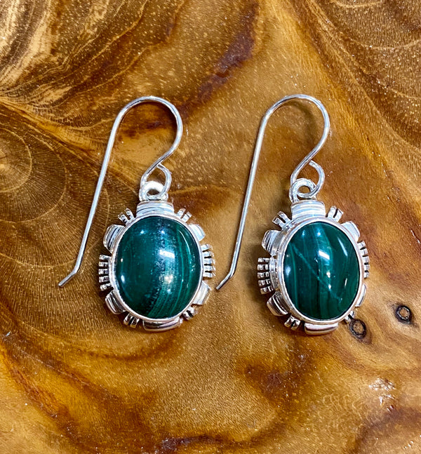 Native American Made Malachite and Sterling Silver Earrings