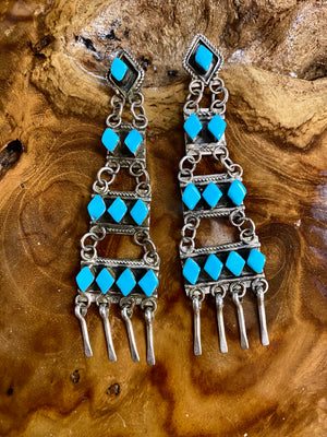 Native American Zuni Made Turquoise and Sterling Silver Chandeliere Earrings
