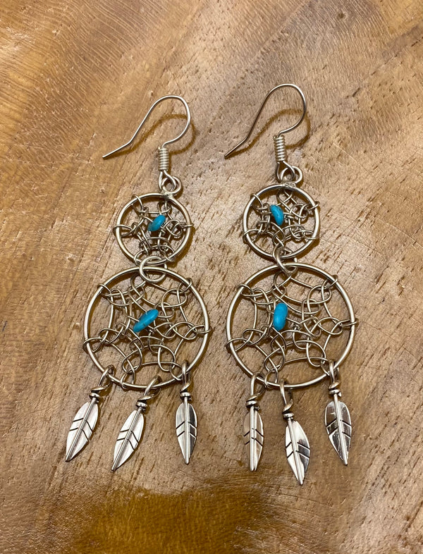 Native American Made Double Dream Catcher Sterling Silver Earrings