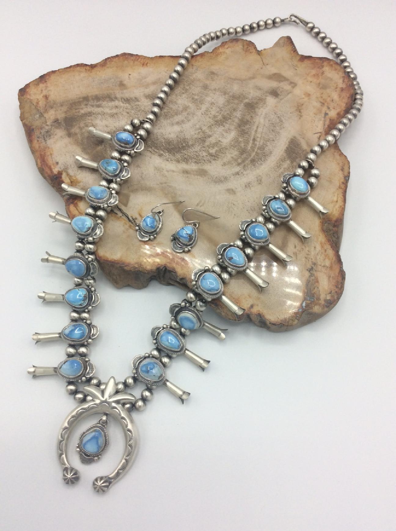 Lone Mountain Turquoise Sterling Silver Squash Blossom Necklace Set -  PuebloDirect.com