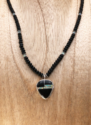 Onyx Necklace With Jet And Opal Inlay Pendant