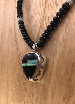 Onyx Necklace With Jet And Opal Inlay Pendant - Close Up