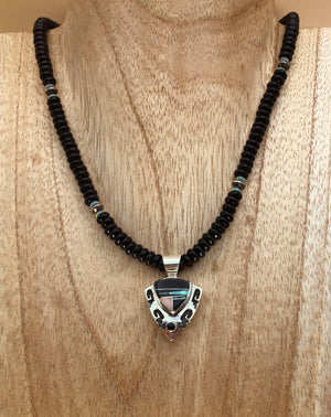 Onyx Necklace With Jet,  Opal, & Mother of Pearl Inlay Pendant