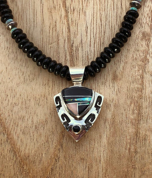 Onyx Necklace With Jet,  Opal, & Mother of Pearl Inlay Pendant - Close Up