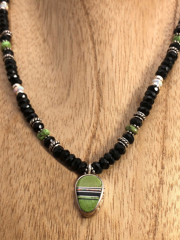 Onyx And Gaspeite Necklace with Gaspeite Inlay Pendant