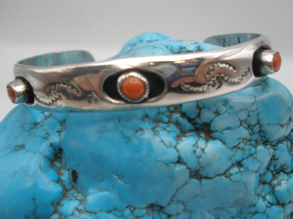 Vintage Three Stone Coral and Stamped Cuff Bracelet