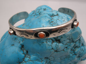 Vintage Three Stone Coral and Stamped Cuff Bracelet