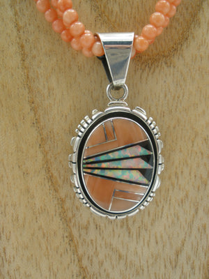 Native American Made Salmon Coral Beaded Necklace with Inlaid Pendant