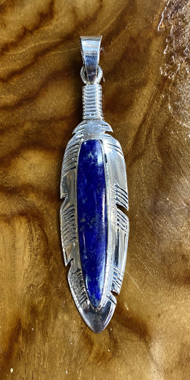 Native American Made Lapis and Sterling Silver Feather Pendant