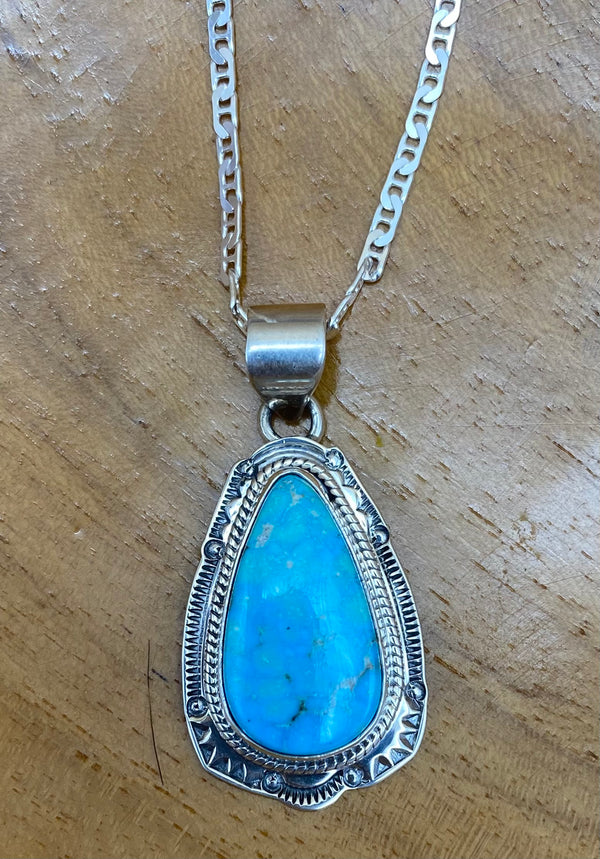 Native American Made Kingman Turquoise and Sterling Silver Pendant