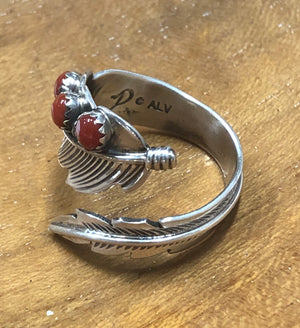 Native American Made Red Coral and Sterling Silver Feather Ring