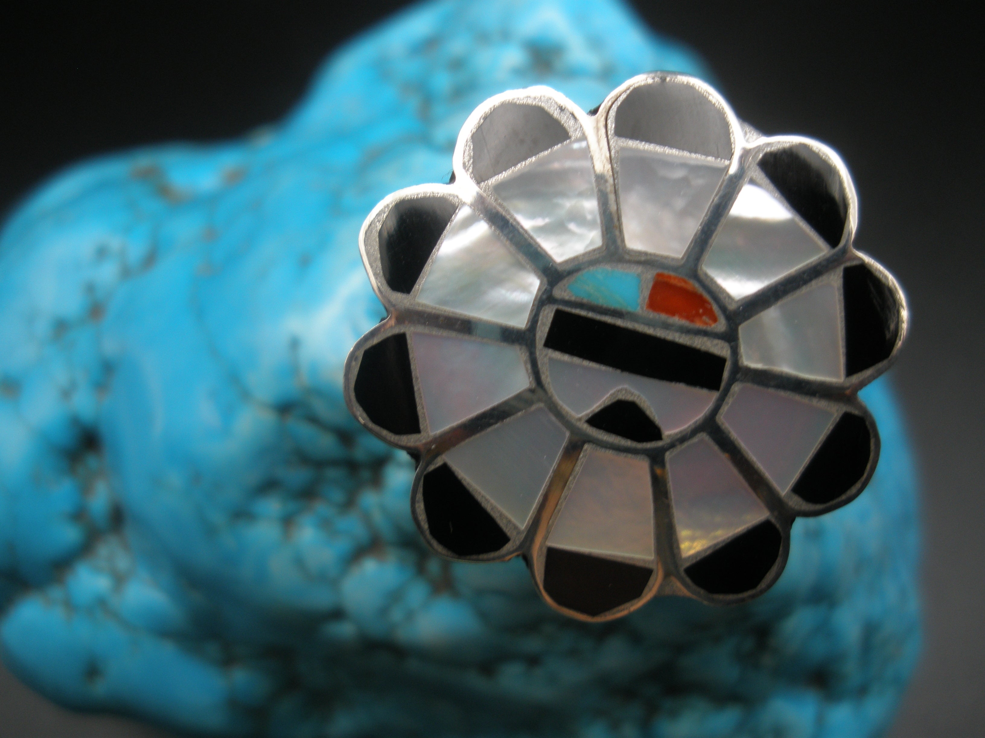 ZUNI 925 STERLING CORAL ONYX TURQUOISE MOTHER OF PEARL INLAY