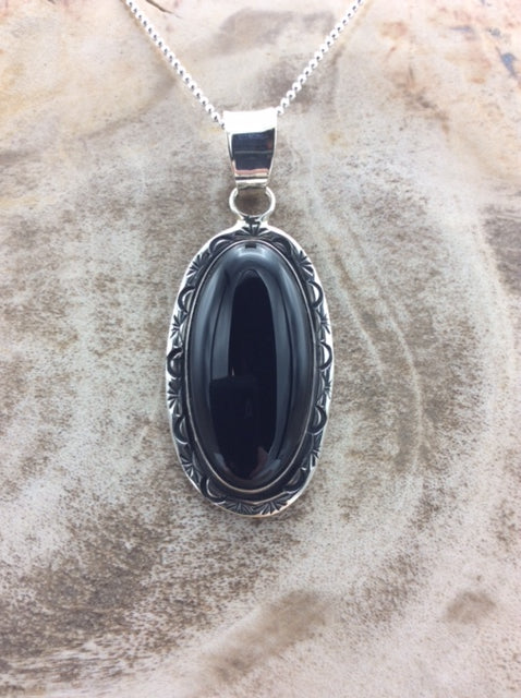 Native American Made Black Onyx and Sterling Silver Pendant