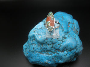 Vintage Turquoise and Coral Chip Inlay Ring
