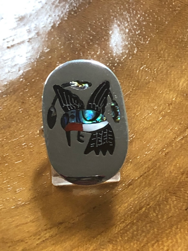 Native American Zuni Made Inlay Hummingbird and Sterling Silver Ring