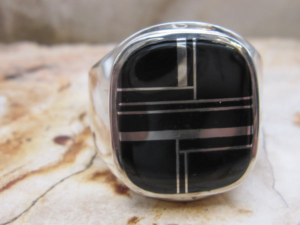 Native American Made Black Onyx Channel Set Inlay and Sterling Silver Men's Ring