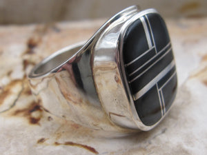 Native American Made Black Onyx Channel Set Inlay and Sterling Silver Men's Ring