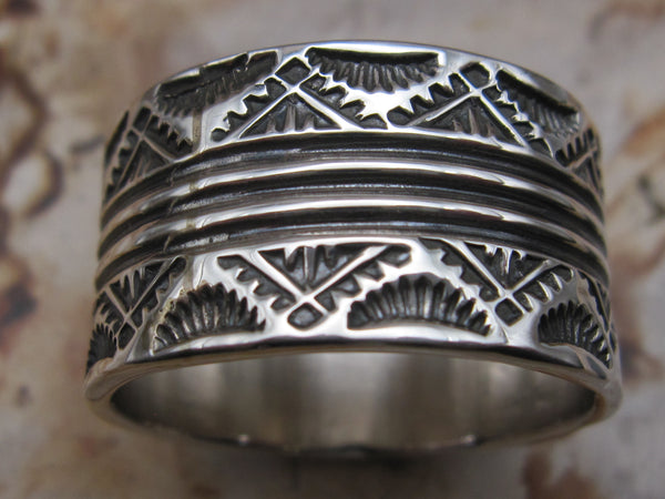 Native American Made Hand Stamped Sterling Silver Wide Men's Band Ring
