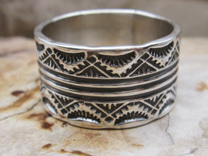 Native American Made Hand Stamped Sterling Silver Wide Men's Band Ring