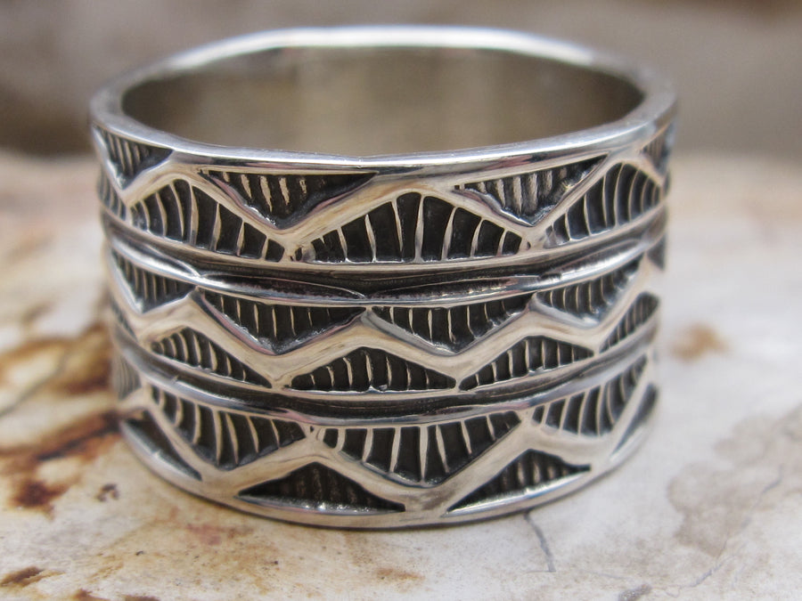 Hand-Stamped Sterling Silver Wide Men's Band Ring