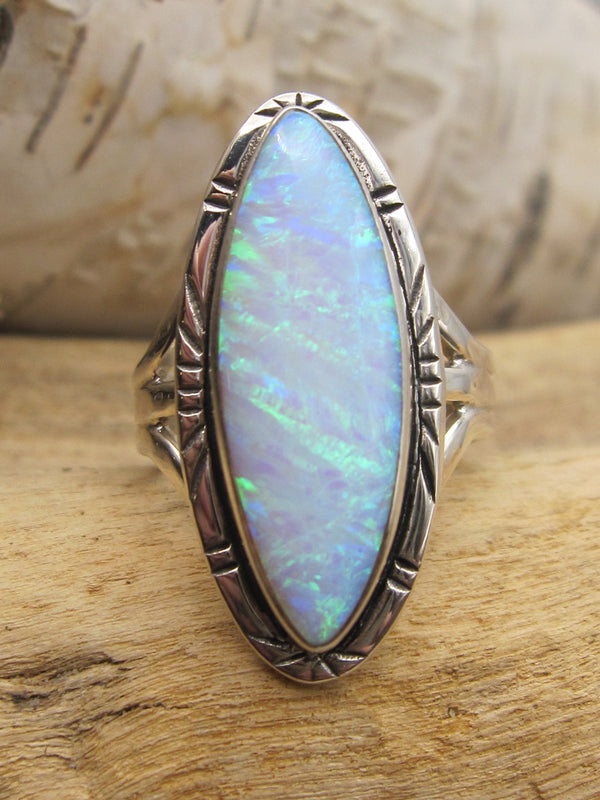 Native American Made Marquis Shaped Opal and Sterling Silver Ring
