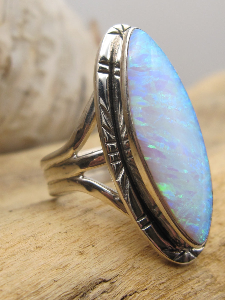 Native American Made Marquis Shaped Opal and Sterling Silver Ring