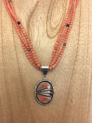Native American Made Salmon Coral Beaded Necklace with Inlaid Pendant
