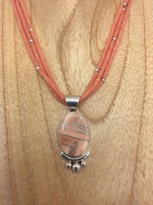 Native American Made Salmon Coral Heishi Bead Necklace with Inlaid Coral and Sterling Silver Pendant