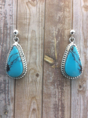 Native American Made Kingman Turquoise and Sterling Silver Teardrop Dangle Post Earrings