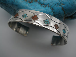Vintage Coral and Turquoise Inlay and Stamped Cuff Bracelet