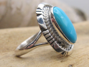 Native American Made Bright, Bright Blue Traditional Style Turquoise and Sterling Silver Ring
