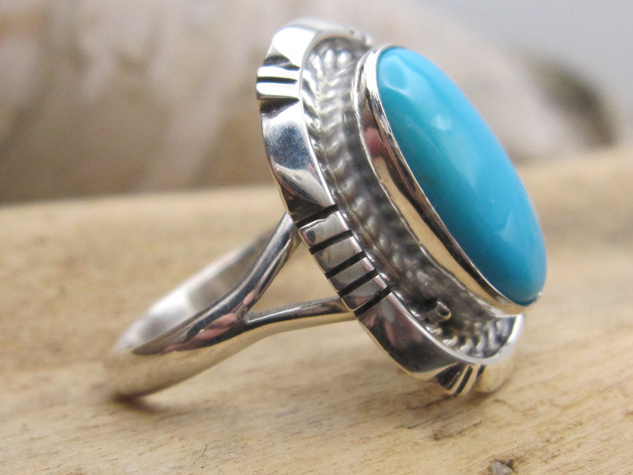 Native American Made Bright, Bright Blue Traditional Style Turquoise and Sterling Silver Ring