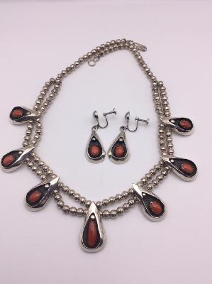 Vintage Coral Shadow Box Necklace with Earrings by B Begay