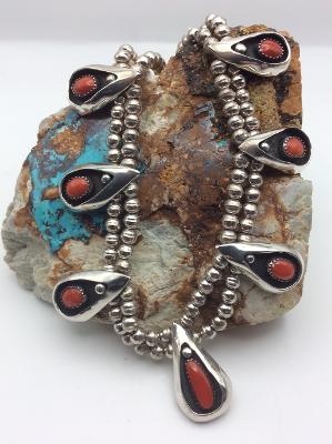Vintage Coral Shadow Box Necklace with Earrings by B Begay
