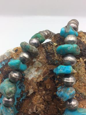 Vintage Native American Made Turquoise Nugget and Sterling Silver Bead Necklace
