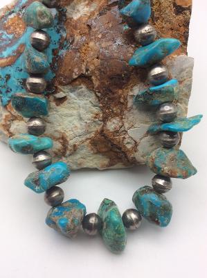 Vintage Native American Made Turquoise Nugget and Sterling Silver Bead Necklace